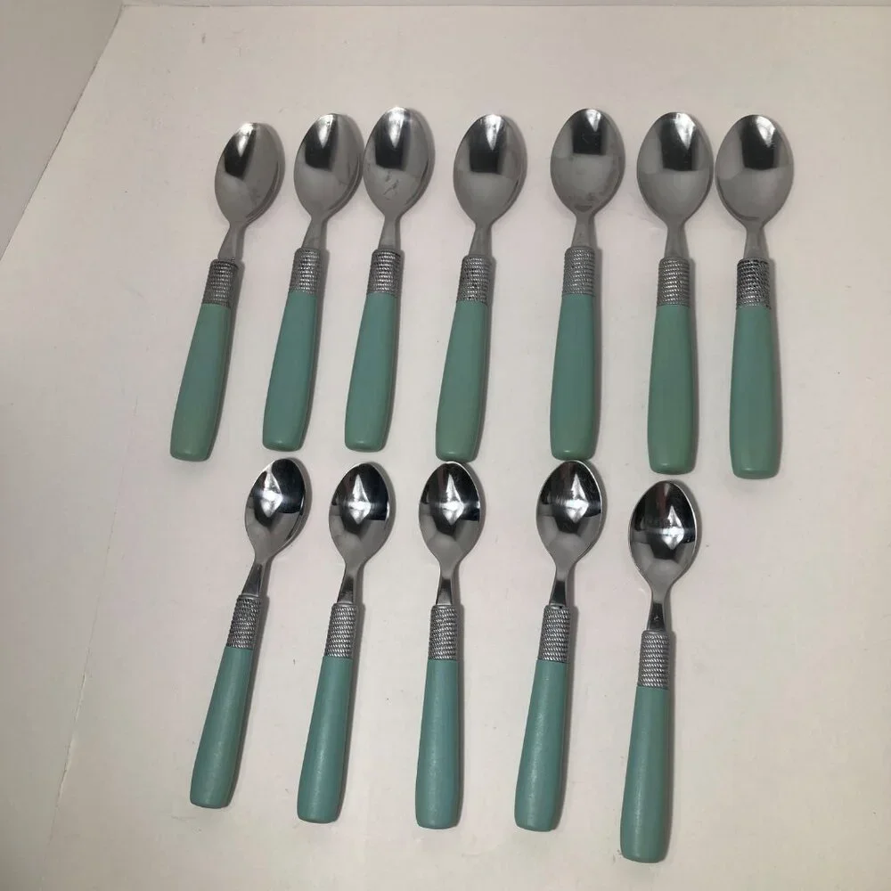 Vintage Cambridge Dinner Spoons Green Stainless Flatware Plastic Handle 7 TBS, 5